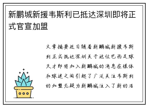 新鹏城新援韦斯利已抵达深圳即将正式官宣加盟