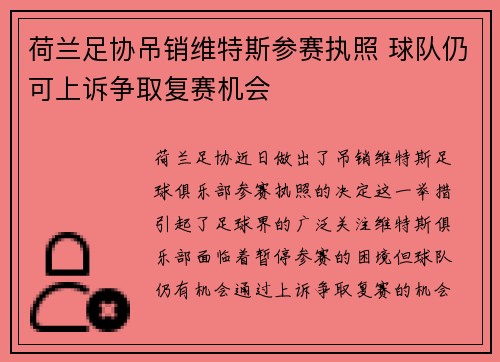 荷兰足协吊销维特斯参赛执照 球队仍可上诉争取复赛机会