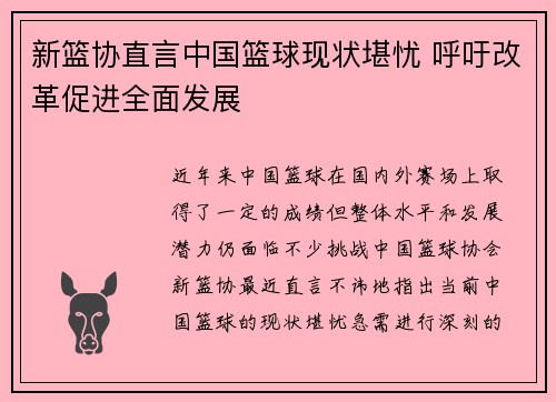 新篮协直言中国篮球现状堪忧 呼吁改革促进全面发展