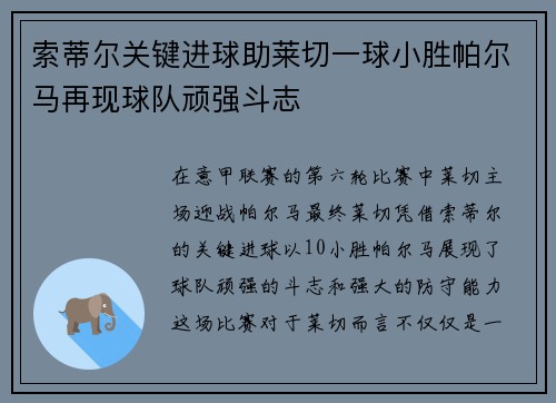 索蒂尔关键进球助莱切一球小胜帕尔马再现球队顽强斗志